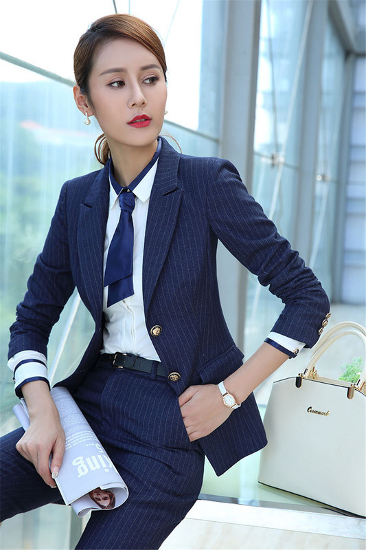 Irodai női ünnepi öltöny Női üzleti munka nadrágkosztüm csíkos blézer szett Elegáns női rovátkolt dzsekik nadrágok női nadrágok