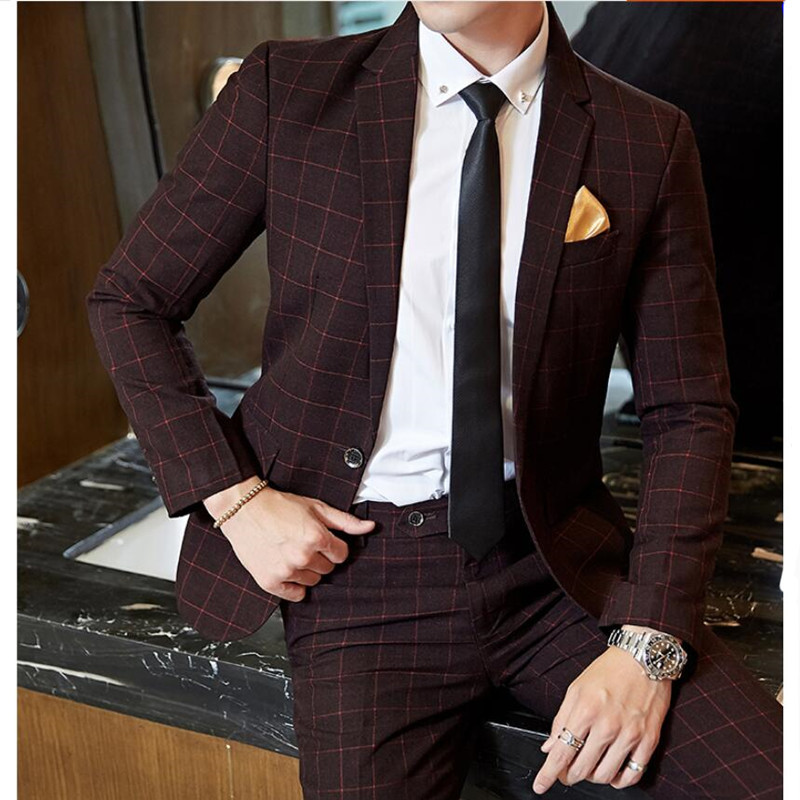 (kabát+mellény+nadrág) Vőlegény menyasszonyi ruha Férfi kockás öltöny készletek Show Party társasági férfi színpadi karcsú öltöny blézer 3 részes S-3XL