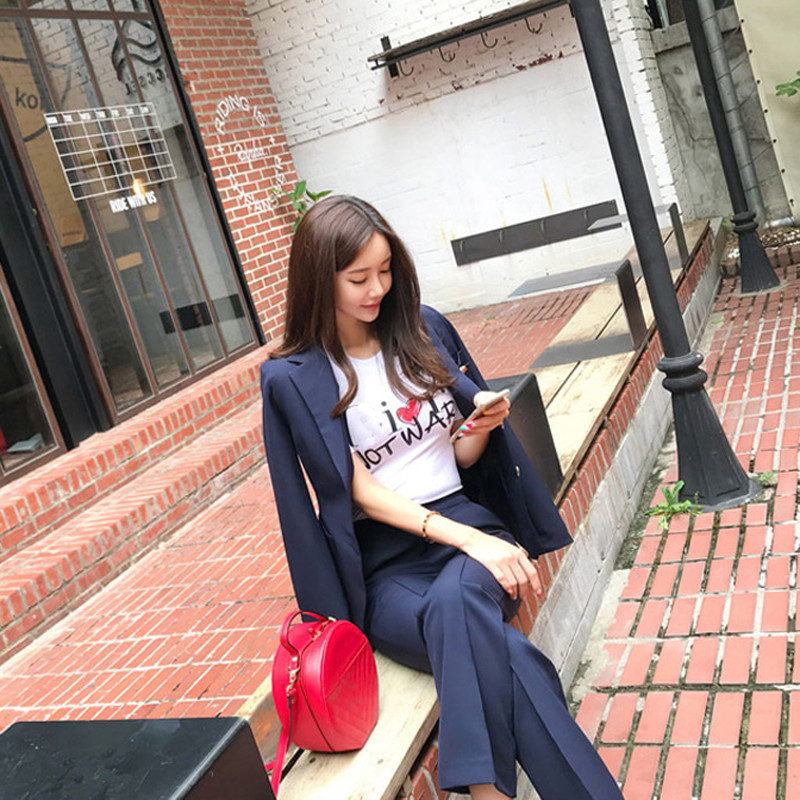 Egysoros blézer, mélykék nadrágkosztüm, női divatos karcsú derekú blézerkabát és egyenes nadrág OL stílusú 2 részes szett