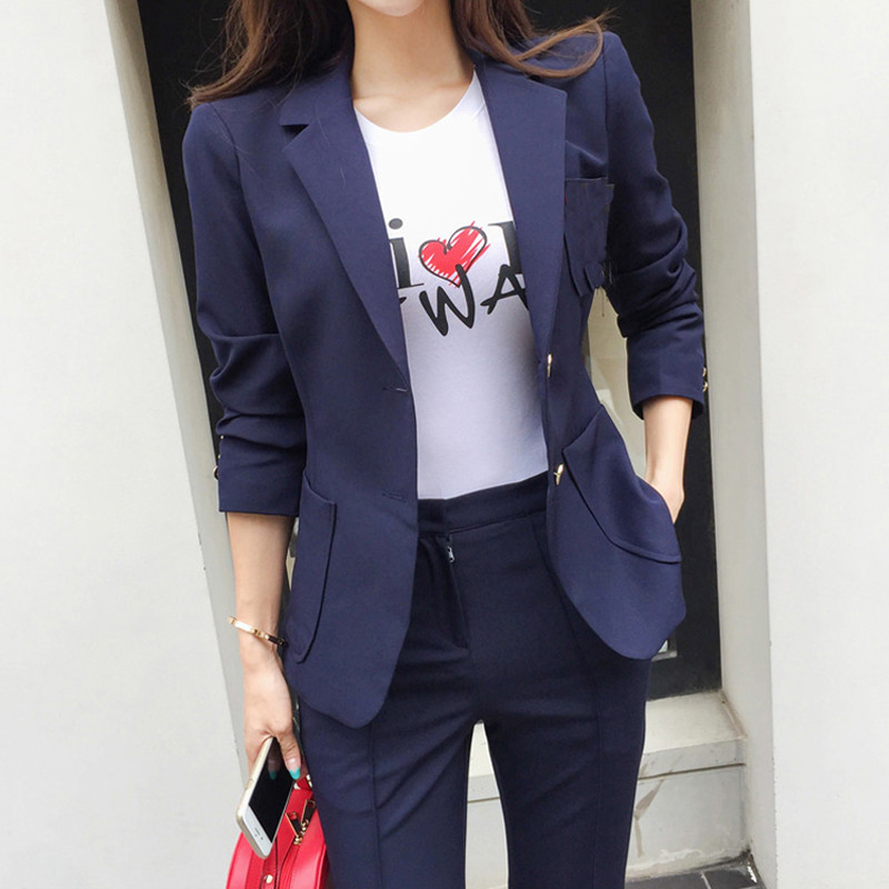 Egysoros blézer, mélykék nadrágkosztüm, női divatos karcsú derekú blézerkabát és egyenes nadrág OL stílusú 2 részes szett