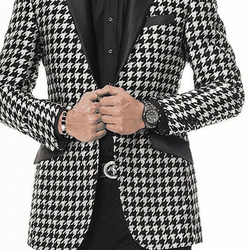 2 részes houndstooth alkalmi öltöny férfiaknak karcsú szabású férfi dzseki fekete nadrággal Esküvői szmoking új dohányzó blézer jelmez