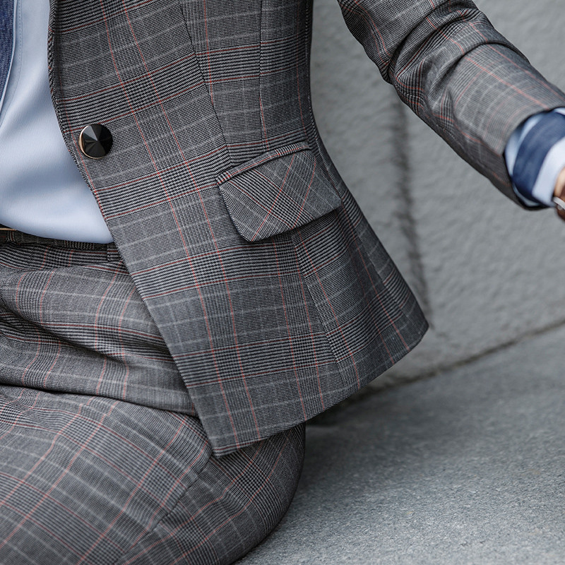 Lenshin 2 részes szett formális kockás nadrágkosztüm, egygombos blézer irodai női egyenruha, női üzleti dzseki nadrág munkaruha