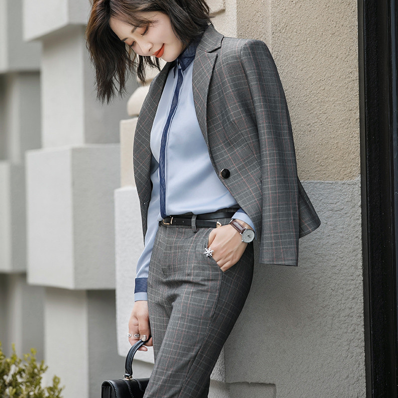 Lenshin 2 részes szett formális kockás nadrágkosztüm, egygombos blézer irodai női egyenruha, női üzleti dzseki nadrág munkaruha