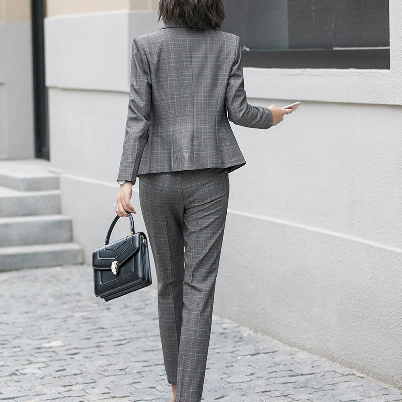 Lenshin 2 részes szett formális kockás nadrágkosztüm, egygombos blézer irodai női egyenruha, női üzleti dzseki nadrág munkaruha