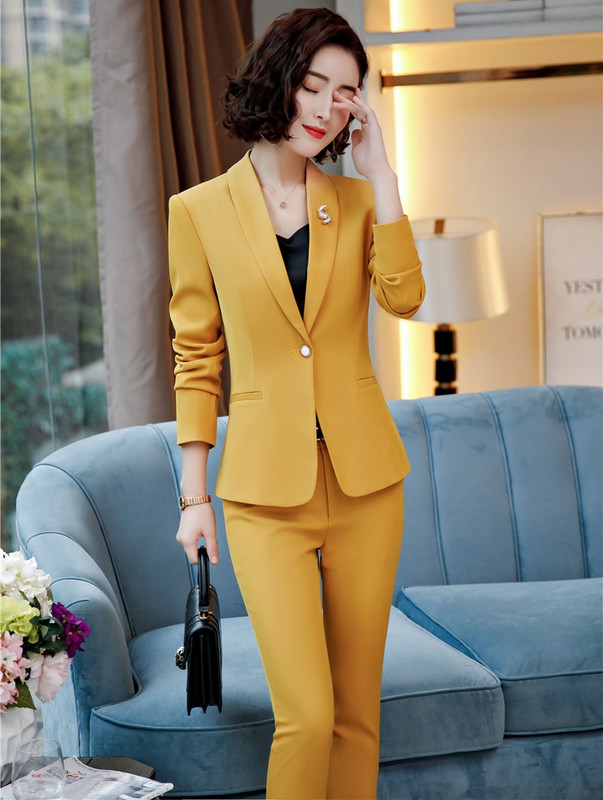 2018-as őszi téli divat Sárga Blézerek és nadrágszettek Női Üzleti Munkaruházat Nadrágruhák Női nadrágkosztümök OL stílusok