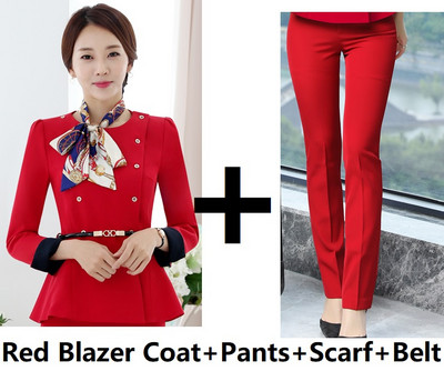 Divat Egyenruha Stílusok Női üzleti öltönyök Női nadrágkosztümök Női munkaruha Blézer szett sállal és övvel Tavasz ősz