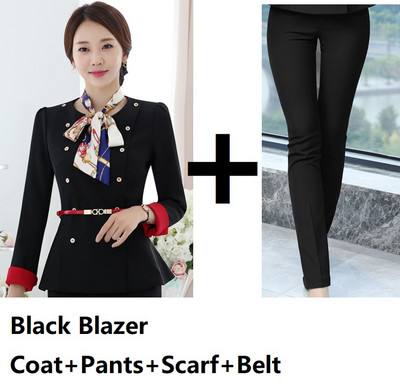 Divat Egyenruha Stílusok Női üzleti öltönyök Női nadrágkosztümök Női munkaruha Blézer szett sállal és övvel Tavasz ősz