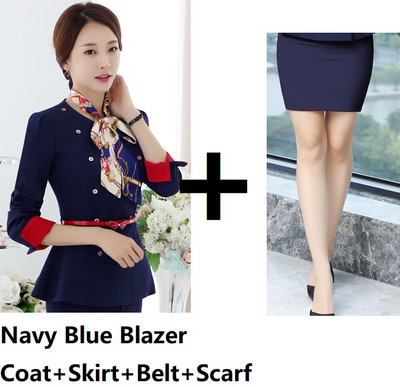 Divat Egyenruha Stílusok Női üzleti öltönyök Női nadrágkosztümök Női munkaruha Blézer szett sállal és övvel Tavasz ősz