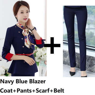 Divat Egyenruha Stílusok Női üzleti öltönyök Női nadrágkosztümök Női munkaruha Blézer szett sállal és övvel Tavasz ősz