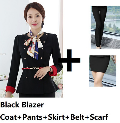 Divat Egyenruha Stílusok Női üzleti öltönyök Női nadrágkosztümök Női munkaruha Blézer szett sállal és övvel Tavasz ősz