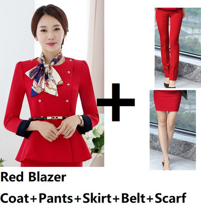 Divat Egyenruha Stílusok Női üzleti öltönyök Női nadrágkosztümök Női munkaruha Blézer szett sállal és övvel Tavasz ősz