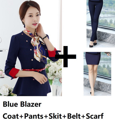 Divat Egyenruha Stílusok Női üzleti öltönyök Női nadrágkosztümök Női munkaruha Blézer szett sállal és övvel Tavasz ősz