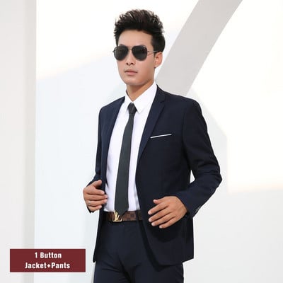 Férfi öltönyök Slim Fit üzleti formális alkalmi klasszikus öltöny Esküvői Vőlegényparti Bál Egysoros egyszínű fekete Szürke Sötétkék