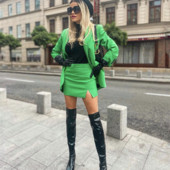 Elegáns, zöld, laza, blézeres, hozzáillő női öltöny, 2021. őszi, elegáns női, magas derekú, oldalsó hasított szoknya öltöny, női, tömör, 2 db-os készlet