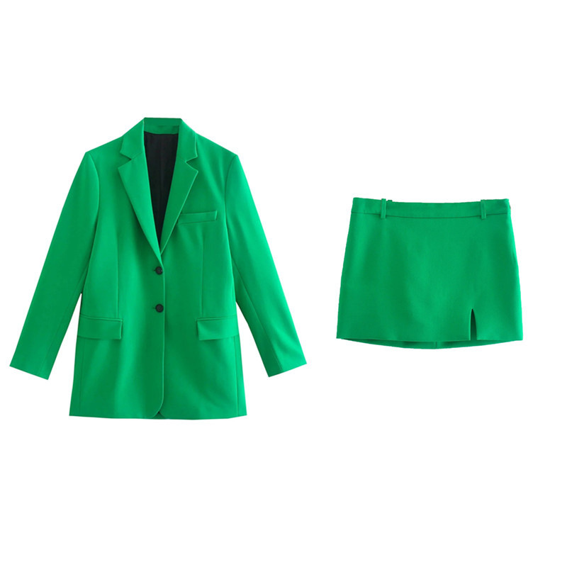 Elegáns, zöld, laza, blézeres, hozzáillő női öltöny, 2021. őszi, elegáns női, magas derekú, oldalsó hasított szoknya öltöny, női, tömör, 2 db-os készlet