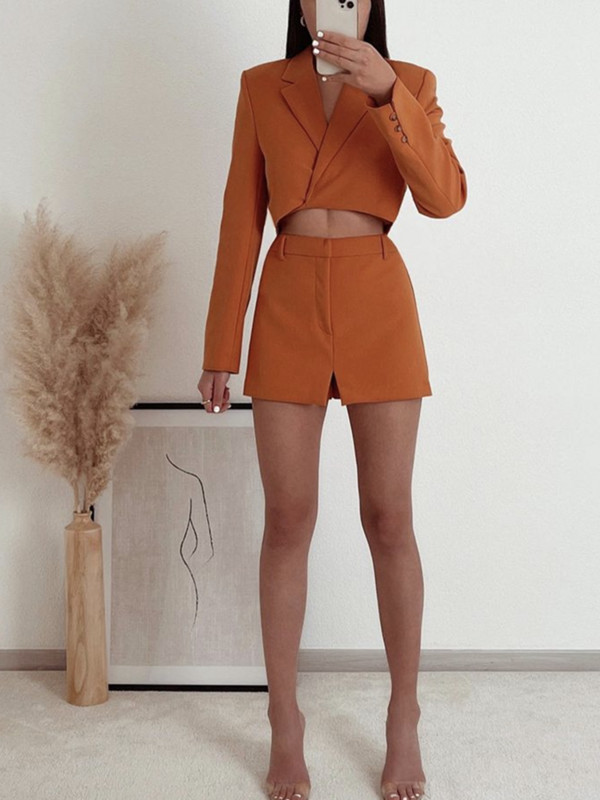 Női szexi narancssárga vágott blézeröltöny, 2022 tavaszi divat, női fűzős, üreges blézer szett Női elegáns rövidnadrág szoknya öltöny