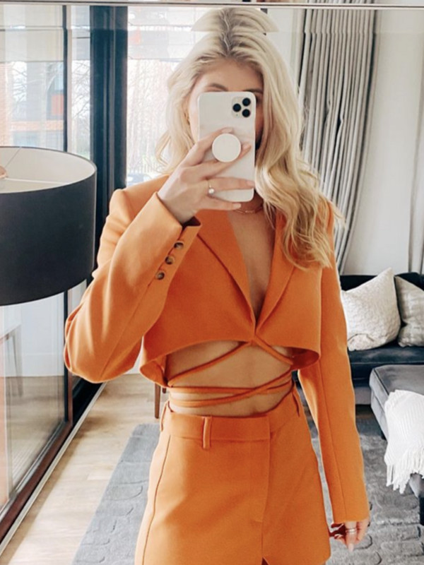 Női szexi narancssárga vágott blézeröltöny, 2022 tavaszi divat, női fűzős, üreges blézer szett Női elegáns rövidnadrág szoknya öltöny