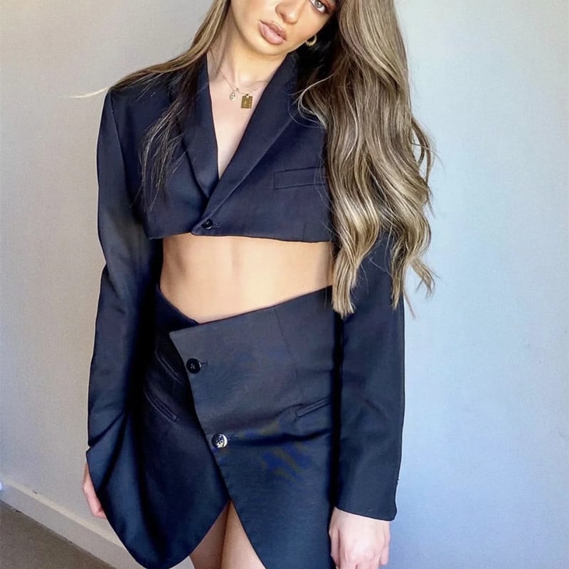 Női alkalmi bézs utcai viselet rövid blézer öltöny 2021 őszi divat női magas derekú szoknya öltönyök női tömör bő 2 db-os szett