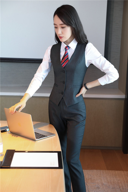 Hivatalos szürke blézer női üzleti öltönyök nadrággal + kabáttal + mellényvel Irodai női munkaruha egyenruha OL stílus
