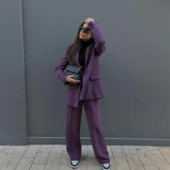 Női, elegáns, lila, duplasoros blézerruha, 2021. őszi, női, magas derekú, egyenes nadrágkosztüm, női bő, 2 db-os készlet