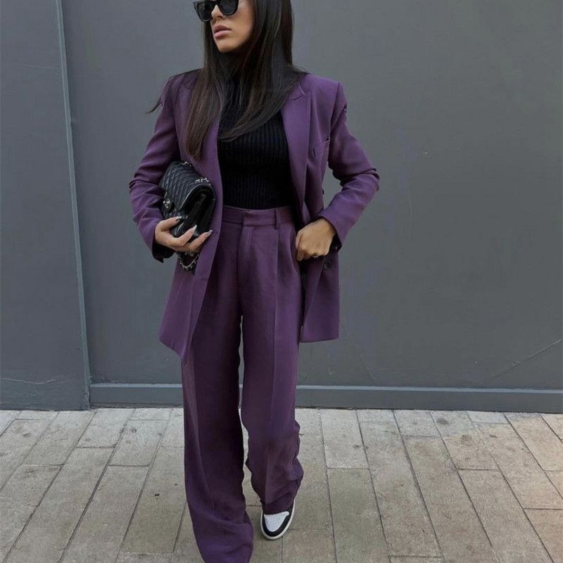 Női, elegáns, lila, duplasoros blézerruha, 2021. őszi, női, magas derekú, egyenes nadrágkosztüm, női bő, 2 db-os készlet