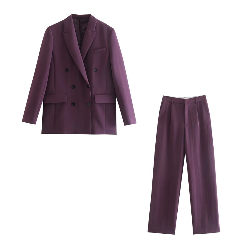 Női, elegáns, lila, duplasoros blézerruha, 2021. őszi, női, magas derekú, egyenes nadrágkosztüm, női bő, 2 db-os készlet