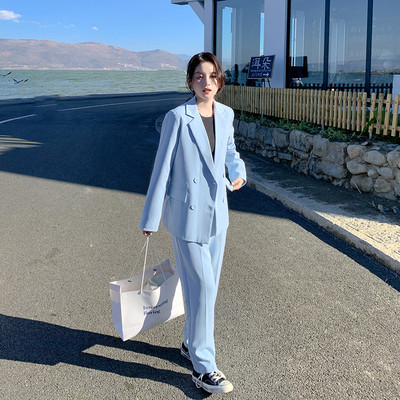 Koreai női kecses fehér blézer nadrág kétrészes szett irodai női alapmunka OL ruhák fekete kabát nadrág öltöny női