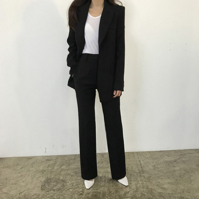 Koreai női kecses fehér blézer nadrág kétrészes szett irodai női alapmunka OL ruhák fekete kabát nadrág öltöny női
