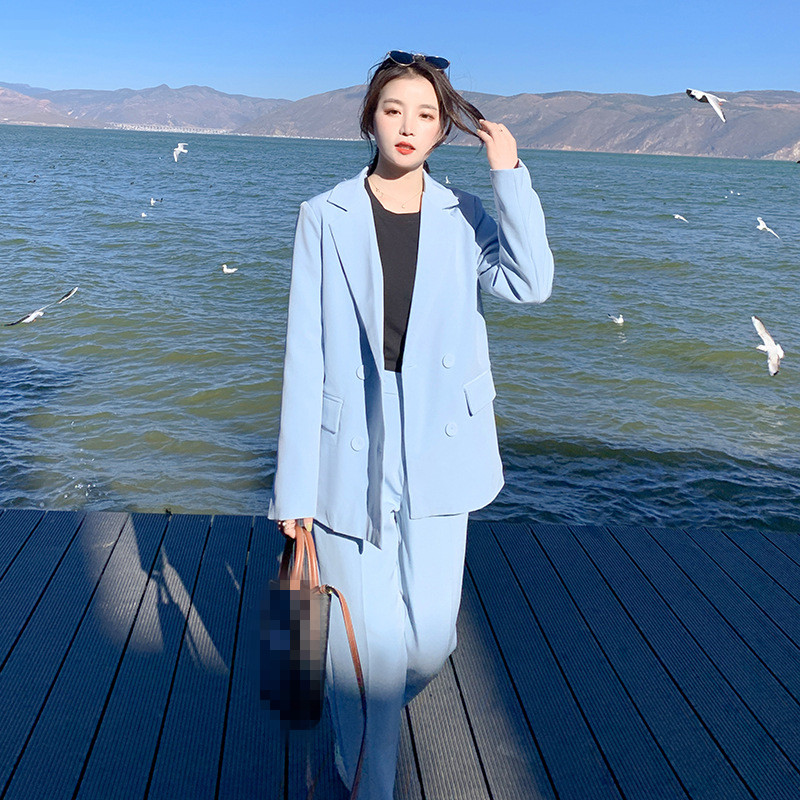 Koreai női kecses fehér blézer nadrág kétrészes szett irodai női alapmunka OL ruhák fekete kabát nadrág öltöny női