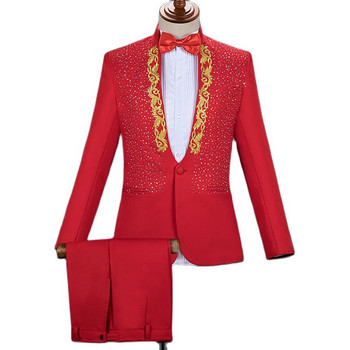 Χρυσό κέντημα ανδρικό κοστούμι με γιακά διαμάντι ανδρικό σακάκι με παντελόνι Γαμπρός γάμου Σμόκιν Κοστούμια Stage Singer Party Costume Homme