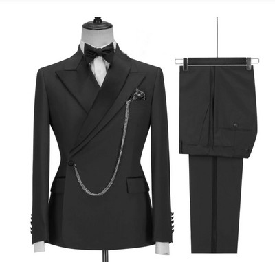 2022-es egyedi gyártású fekete vőlegény szmoking, csúcsos hajtóka, dupla mellű férfi öltöny, bál esküvői parti férfi öltöny jelmez (kabát+nadrág)