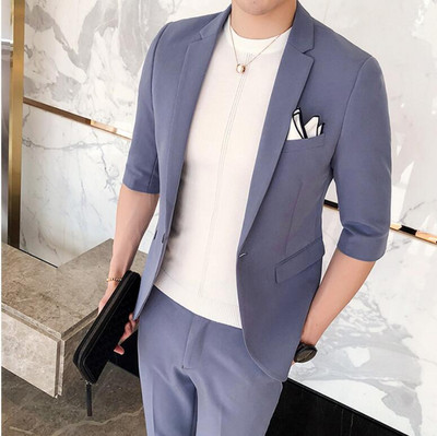 (Jackt+Pant) 2022 2 db szett férfi öltöny fél ujjú tavaszi nyár karcsú brit rövid ujjú blézerkabát trend férfi tervező szmoking