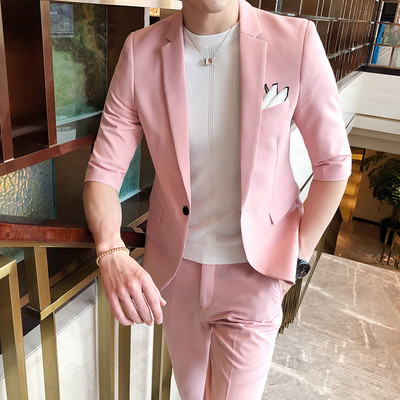 (Jackt+Pant) 2022 2 db szett férfi öltöny fél ujjú tavaszi nyár karcsú brit rövid ujjú blézerkabát trend férfi tervező szmoking