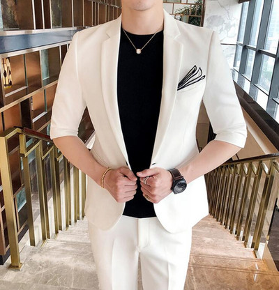 (Jackt+Pant) 2022 2 db szett férfi öltöny fél ujjú tavaszi nyár karcsú brit rövid ujjú blézerkabát trend férfi tervező szmoking