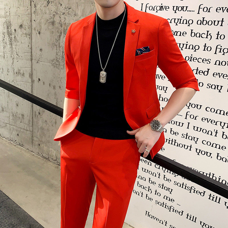 (Jackt+Pant) 2022 2 db szett férfi öltöny fél ujjú tavaszi nyár karcsú brit rövid ujjú blézerkabát trend férfi tervező szmoking