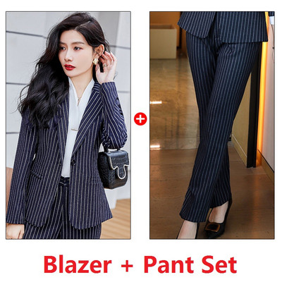 Divatblézer női üzleti öltönyök nadrág és dzseki szettek irodai női munkaruha nadrágkosztümök fekete csíkos