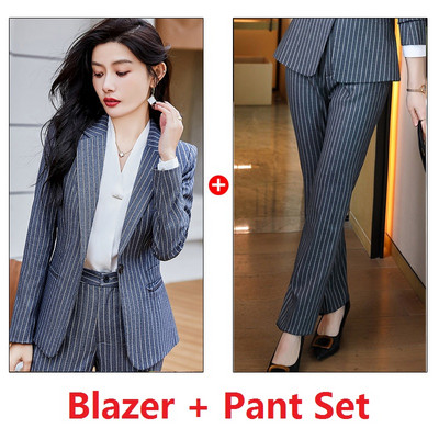 Divatblézer női üzleti öltönyök nadrág és dzseki szettek irodai női munkaruha nadrágkosztümök fekete csíkos