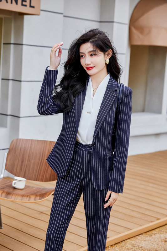 Divatblézer női üzleti öltönyök nadrág és dzseki szettek irodai női munkaruha nadrágkosztümök fekete csíkos