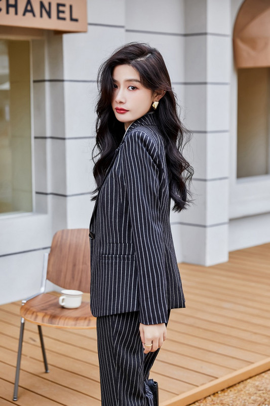 Divatblézer női üzleti öltönyök nadrág és dzseki szettek irodai női munkaruha nadrágkosztümök fekete csíkos