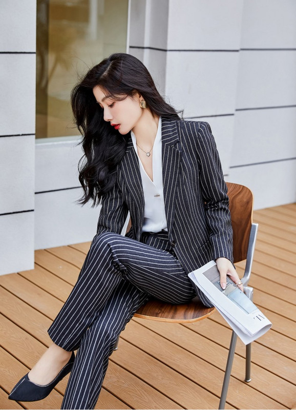 Divatblézer női üzleti öltönyök nadrág és dzseki szettek irodai női munkaruha nadrágkosztümök fekete csíkos