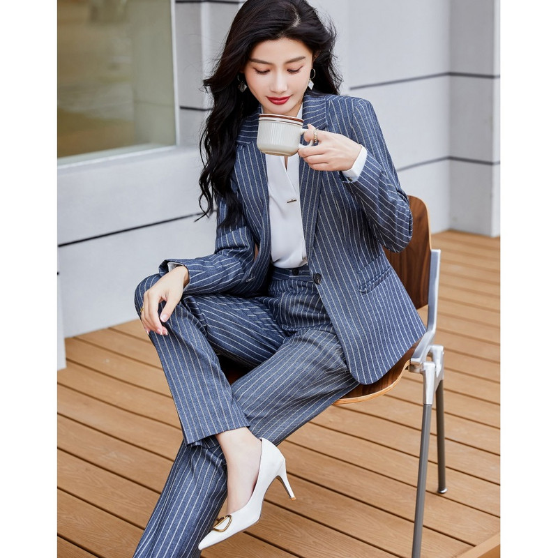 Divatblézer női üzleti öltönyök nadrág és dzseki szettek irodai női munkaruha nadrágkosztümök fekete csíkos