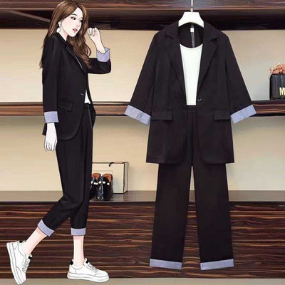 2022 Корейски летен тънък блейзър панталон Комплект от 1 или 3 части Дамски ежедневни свободни черни костюми Палто с права панталон с дължина до прасеца Екипи
