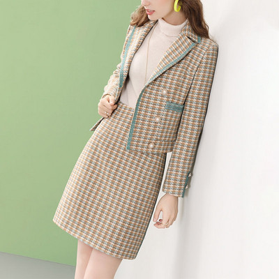 Női őszi gyapjúkeverékek blézer szoknyák kétrészes ruha szett Koreai hölgy kecses karcsú kabát szoknya ruhák elegáns ruhák