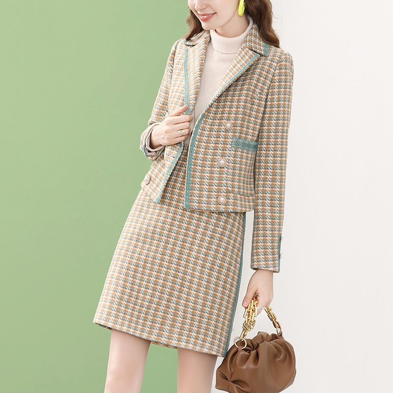 Női őszi gyapjúkeverékek blézer szoknyák kétrészes ruha szett Koreai hölgy kecses karcsú kabát szoknya ruhák elegáns ruhák