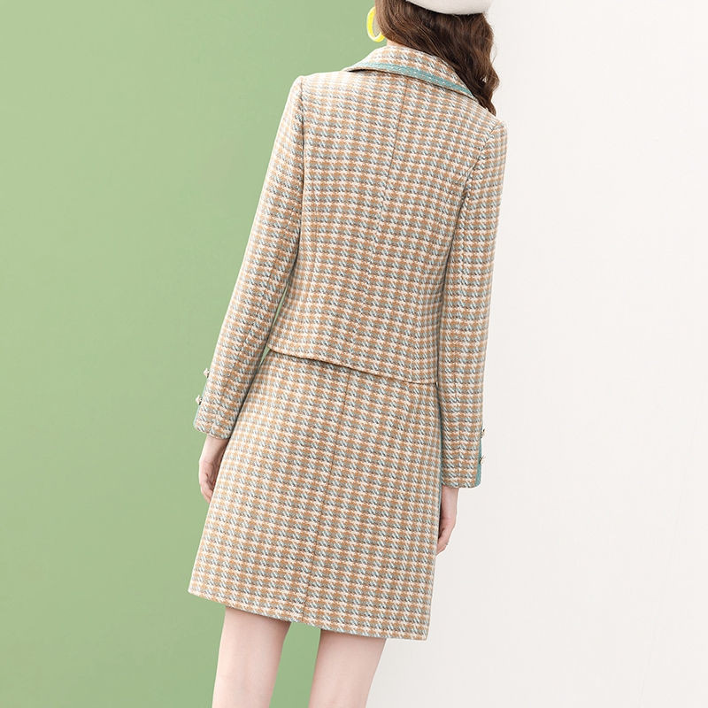 Női őszi gyapjúkeverékek blézer szoknyák kétrészes ruha szett Koreai hölgy kecses karcsú kabát szoknya ruhák elegáns ruhák