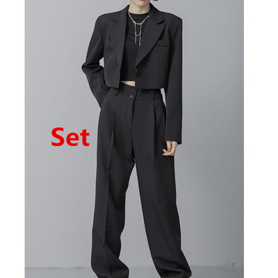 Tavaszi őszi női rövid blézer széles szárú nadrág, kétrészes szett Női divatos fekete öltöny dzseki magas derekú nadrág ruhák 2022