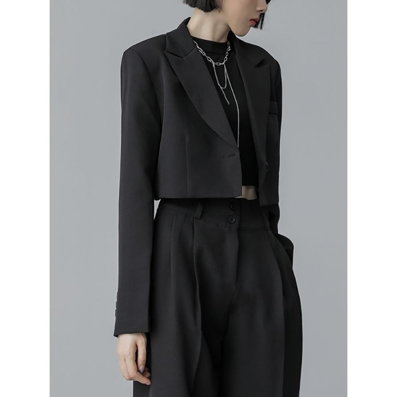 Tavaszi őszi női rövid blézer széles szárú nadrág, kétrészes szett Női divatos fekete öltöny dzseki magas derekú nadrág ruhák 2022