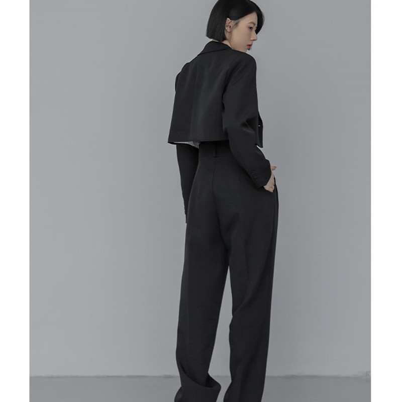 Tavaszi őszi női rövid blézer széles szárú nadrág, kétrészes szett Női divatos fekete öltöny dzseki magas derekú nadrág ruhák 2022