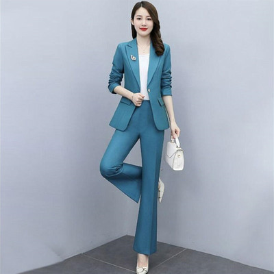 Koreai női kecses blézer hosszú nadrág kétrészes szett tavaszi őszi irodai hölgy fekete öltöny kabát nadrág ruhák munkaruhák