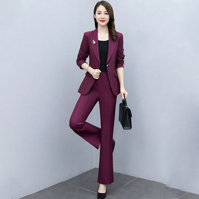 Koreai női kecses blézer hosszú nadrág kétrészes szett tavaszi őszi irodai hölgy fekete öltöny kabát nadrág ruhák munkaruhák